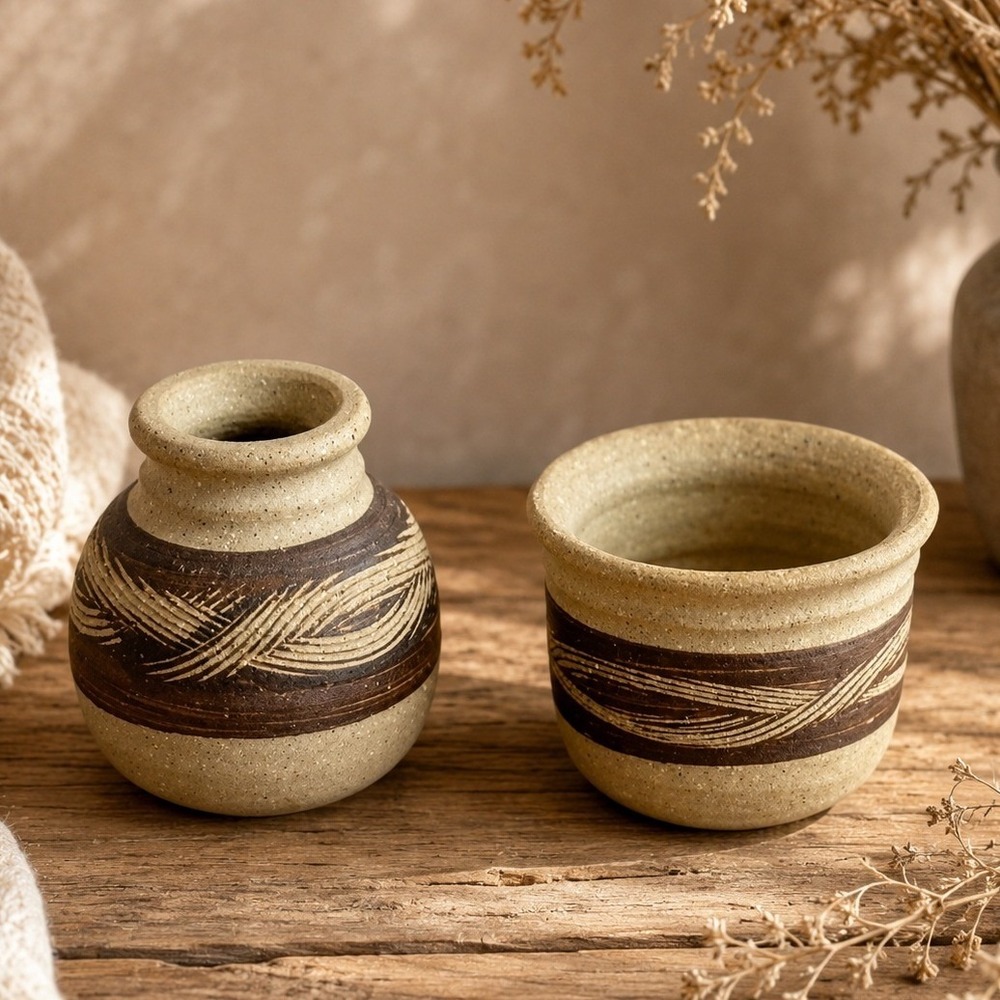 Signed Studio Pottery Mini Bud Vases Set 2 Earth Tone‎ Rustic Ceramic Boho Decor